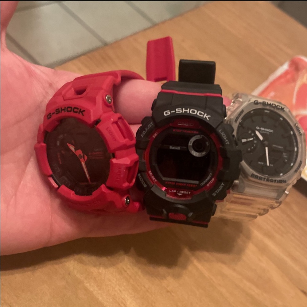 I have three G-Shock watches, very sporty, red, black and clear